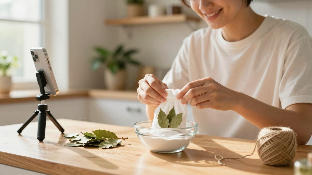 Mulher preparando sachê de ervas em vidro, com smartphone em tripé, em cozinha iluminada e detalhes naturais.