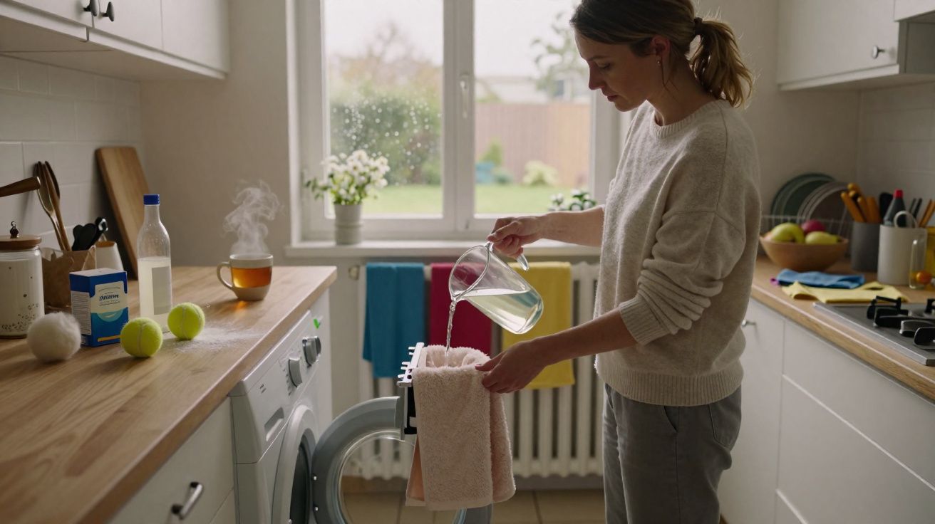 Mulher despejando líquido em uma toalha apoiada na porta da máquina de lavar em cozinha iluminada.