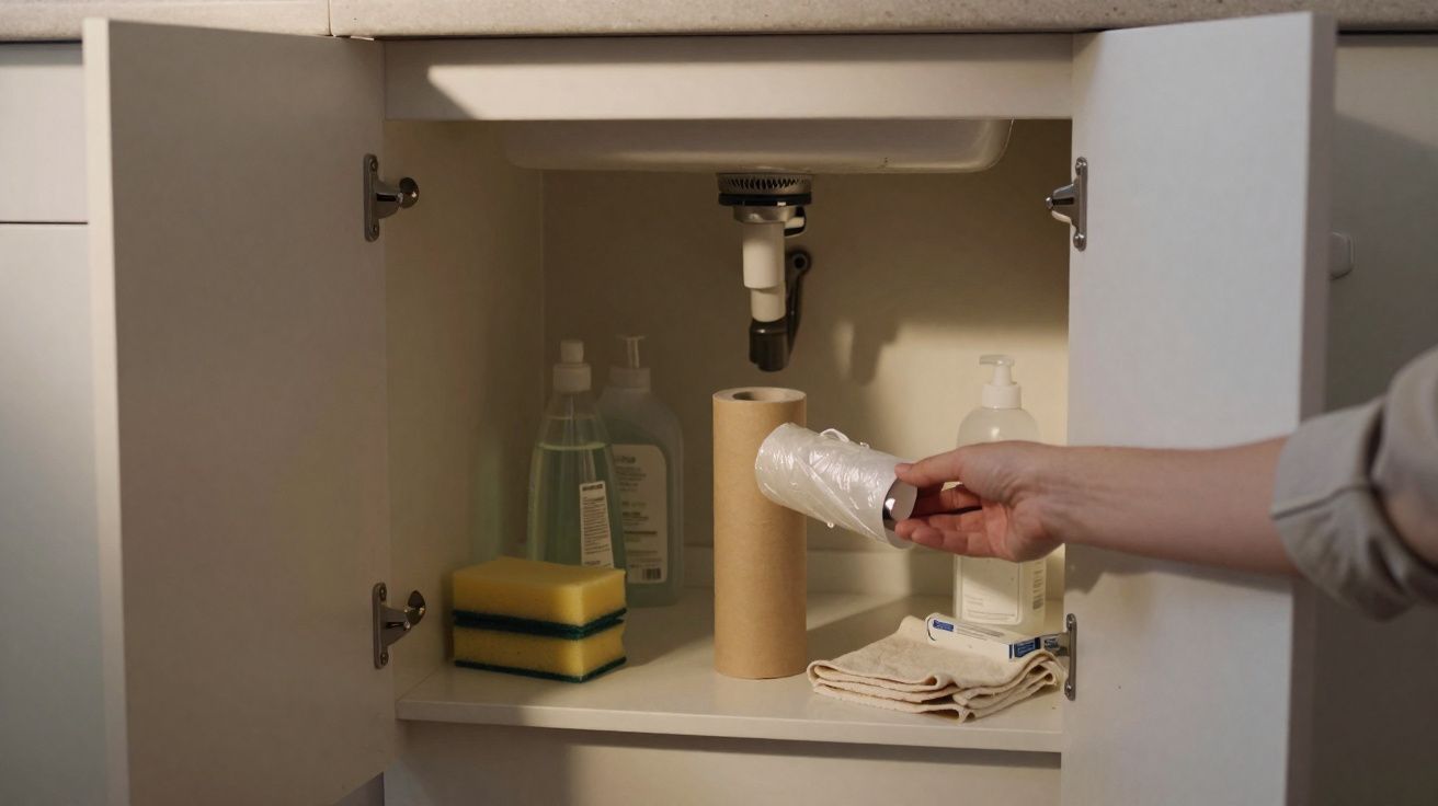 Mão segurando rolo vazio de saco plástico dentro de armário sob pia com produtos de limpeza.