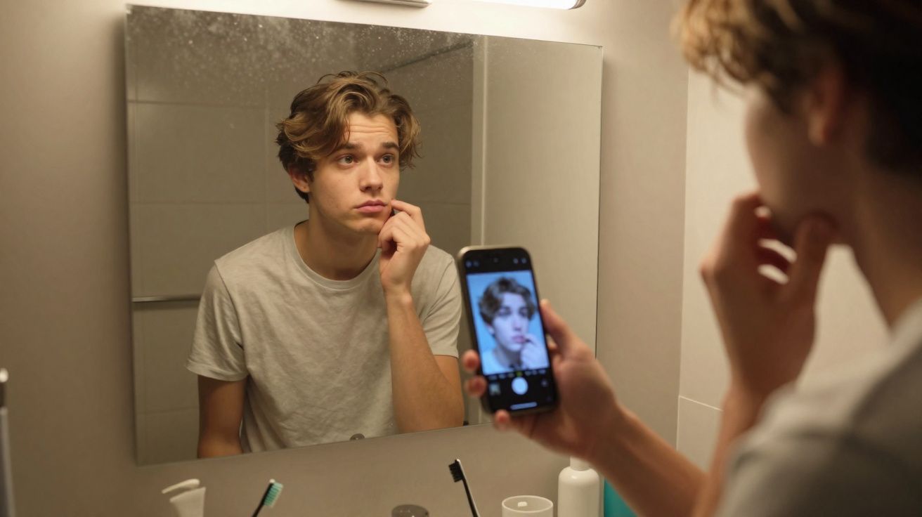 Jovem de camiseta branca tira selfie no espelho do banheiro, com expressão pensativa e mão no queixo.