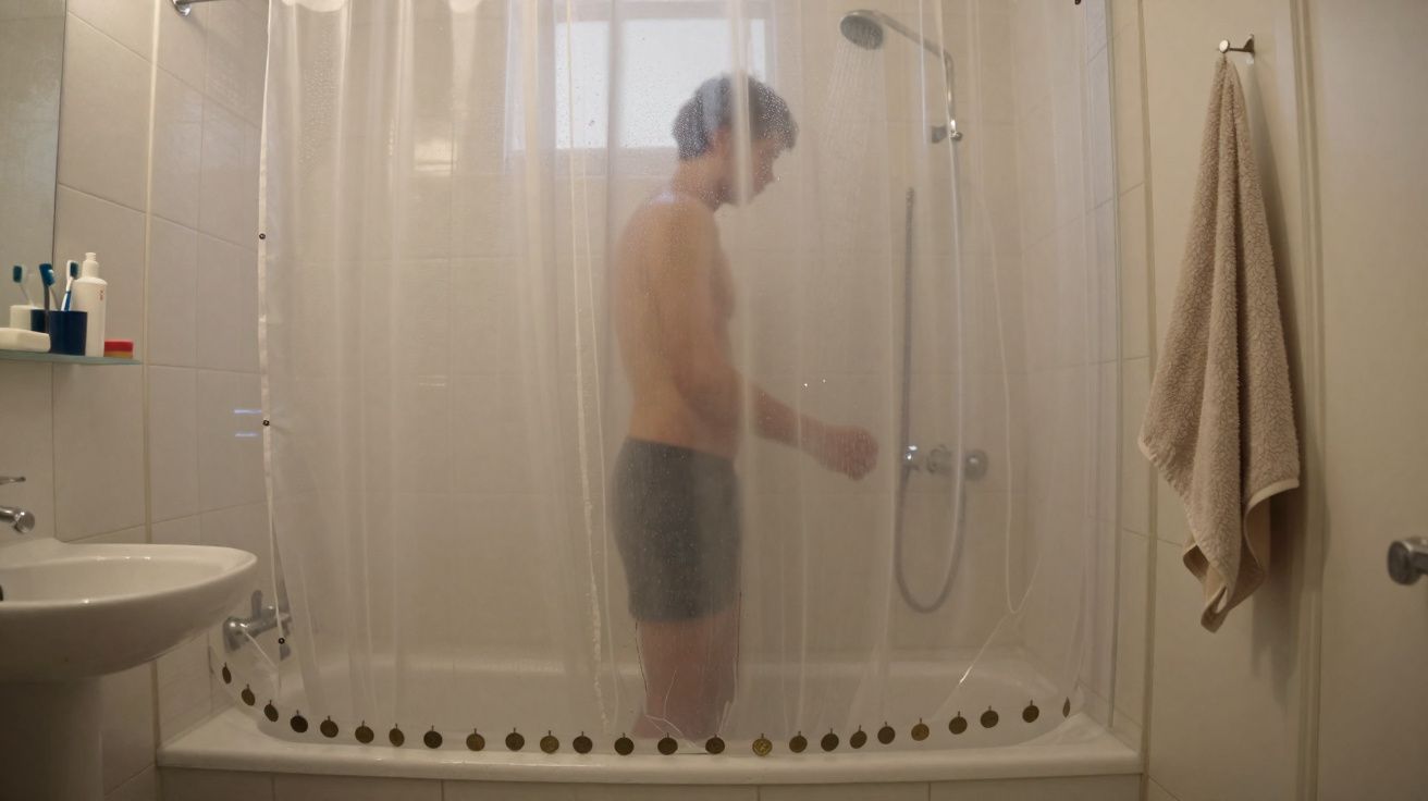 Homem em pé no box do banheiro atrás de cortina de plástico transparente acoplada à banheira.