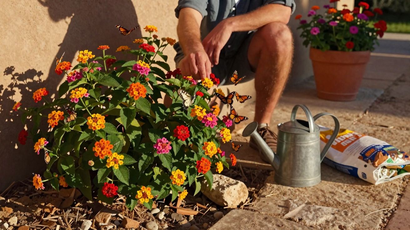 Pessoa agachada cuidando de flores coloridas com borboletas em jardim ensolarado, regador e saco de terra ao lado.