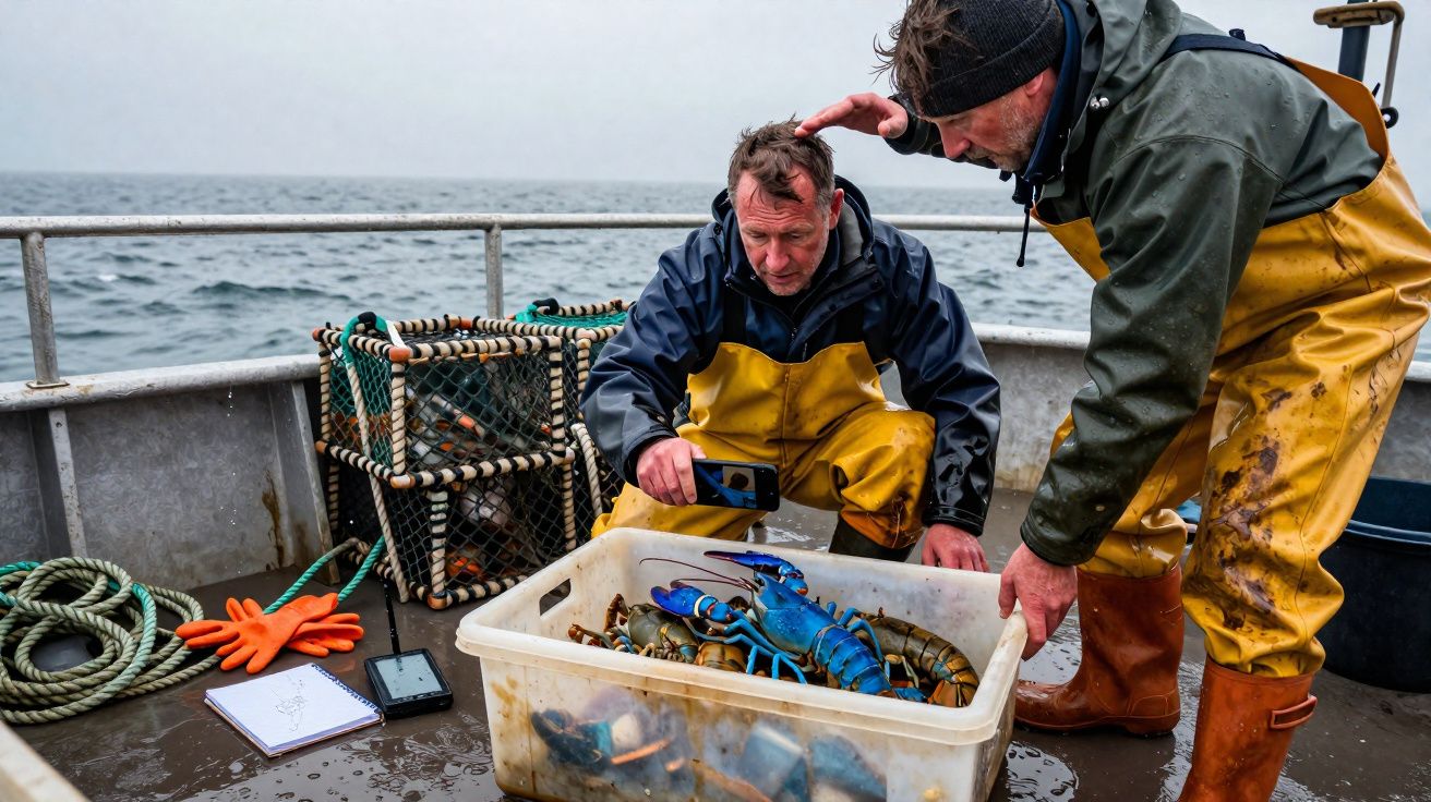 Dois pescadores em barco tiram foto de lagostas azuis em caixa plástica durante o dia nublado no mar.