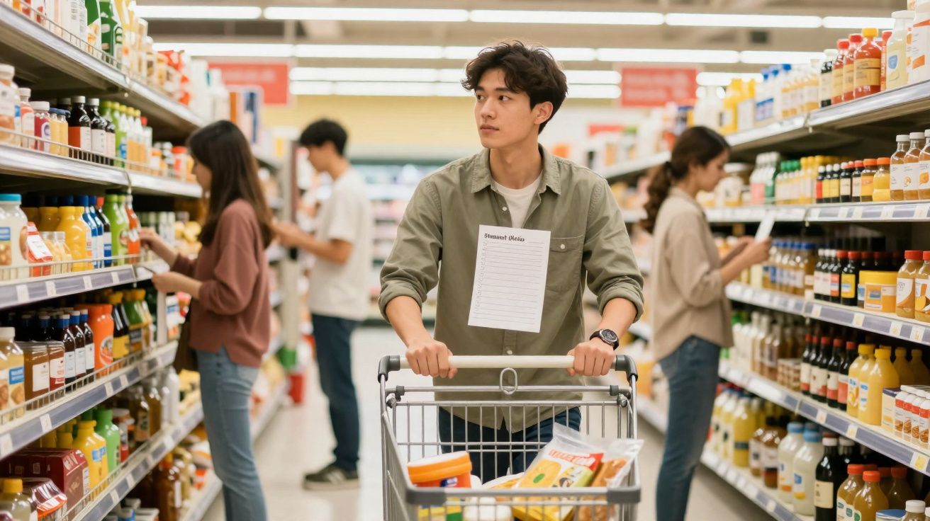 Homem jovem empurrando carrinho de compras em supermercado, cercado por prateleiras de bebidas.