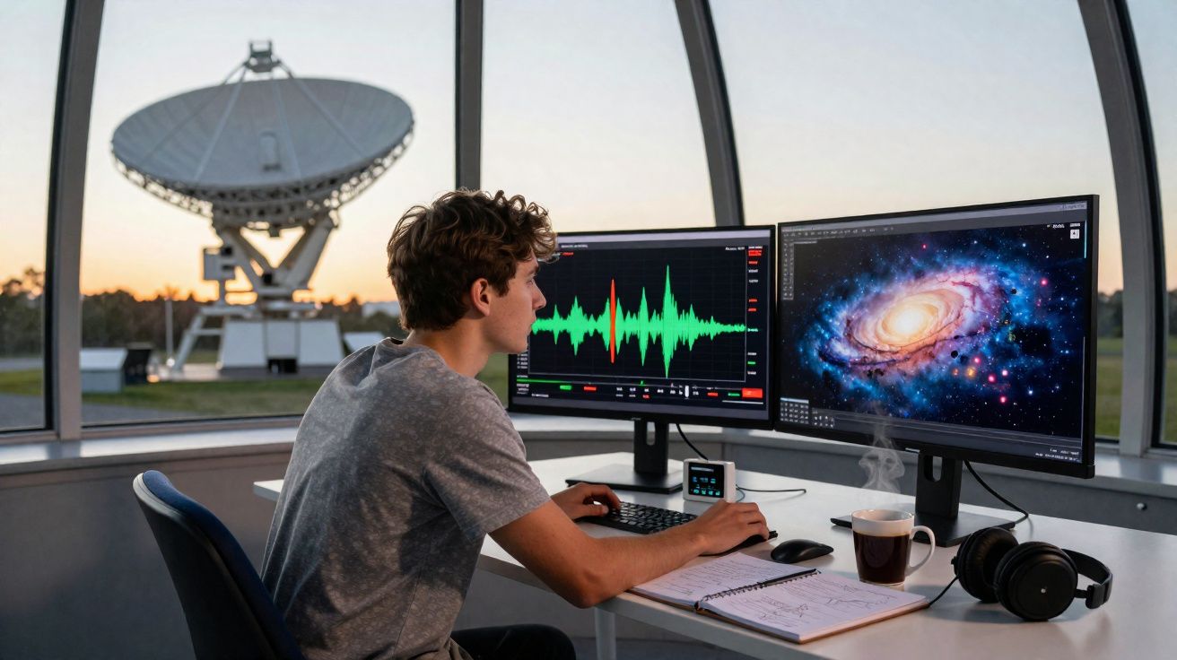 Jovem analisando gráficos e imagem de galáxia em dois monitores, com antena parabólica ao fundo.