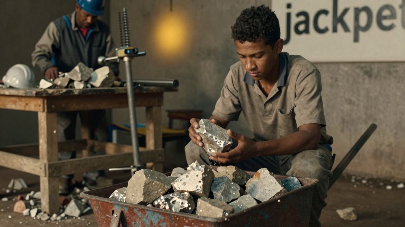 Homem inspeciona pedaços de minério em carrinho enquanto outro trabalha ao fundo em ambiente industrial.