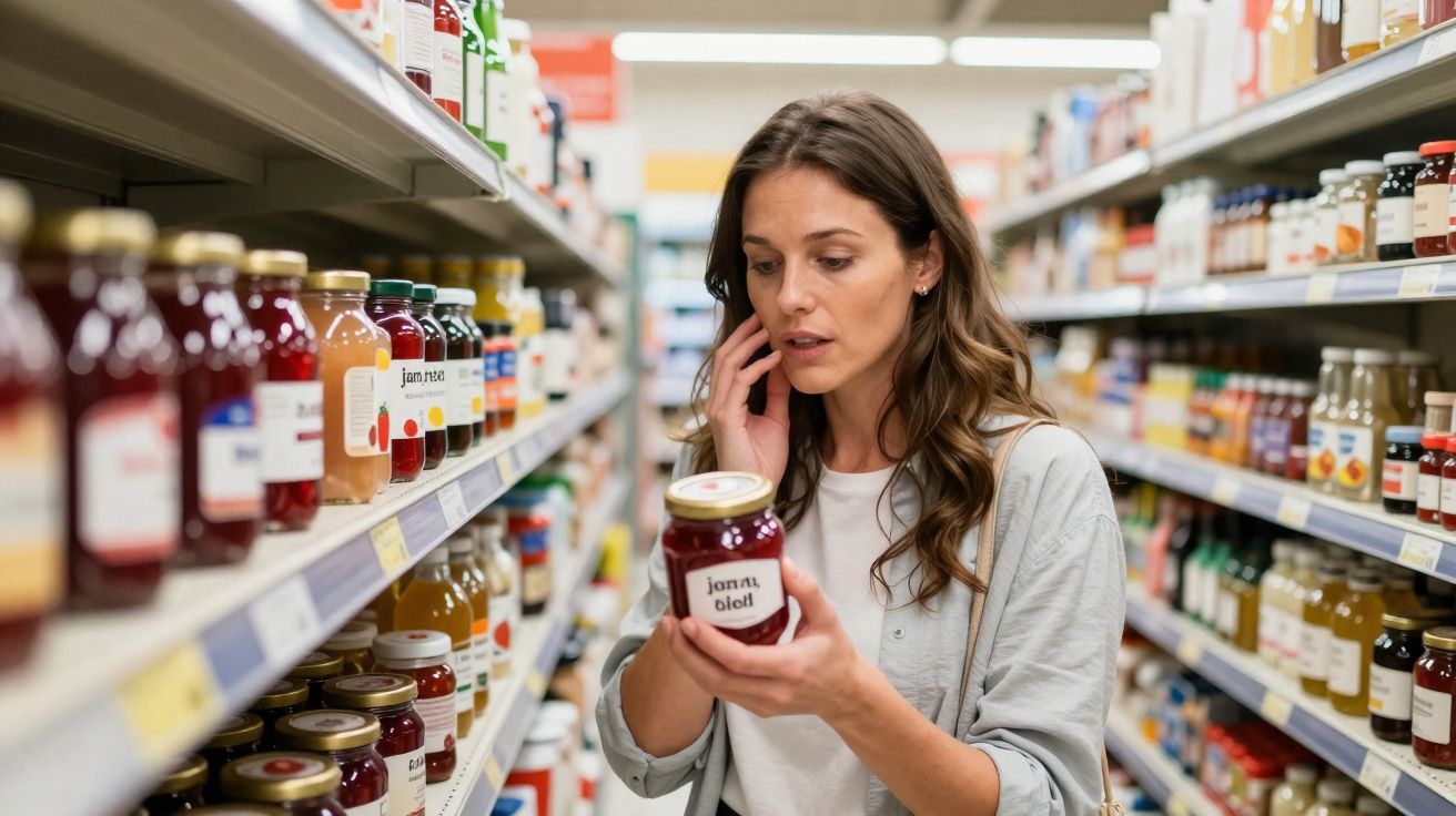 Mulher analisando pote de geleia em corredor de supermercado cheio de produtos similares nas prateleiras.