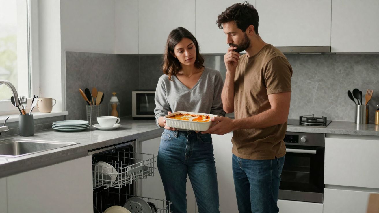 Casal na cozinha olhando para uma travessa de comida enquanto decide o que fazer.
