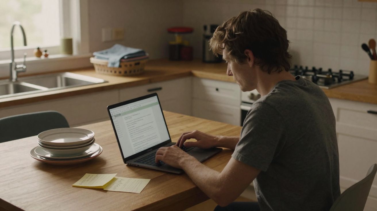 Jovem na cozinha usando laptop sobre mesa de madeira com anotações e louça ao lado.