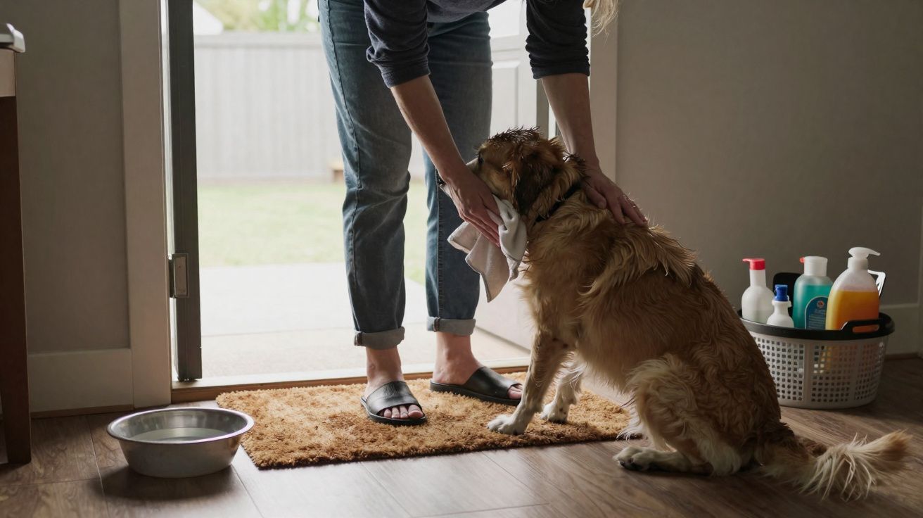Pessoa limpando o focinho de cachorro dourado dentro de casa próximo à porta aberta.