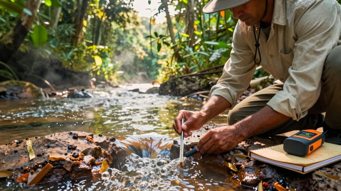 Homem coletando amostra de água em riacho na floresta para análise ambiental.