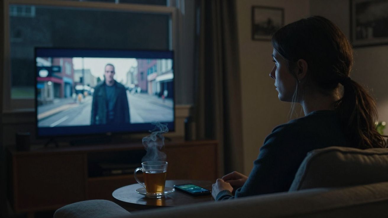 Mulher sentada no sofá assistindo televisão com xícara de chá quente e celular na mesa à sua frente.