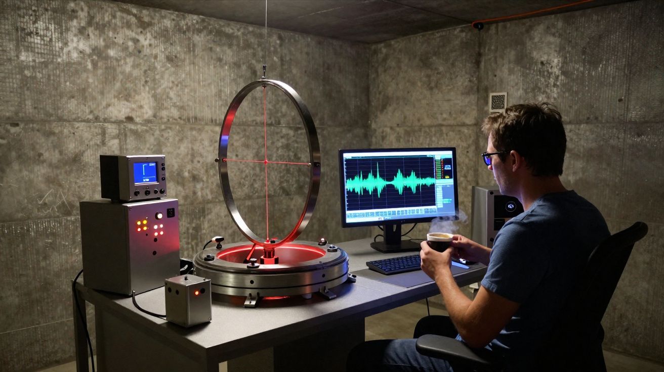 Homem sentado em laboratório com equipamento científico e monitor exibindo ondas sonoras.