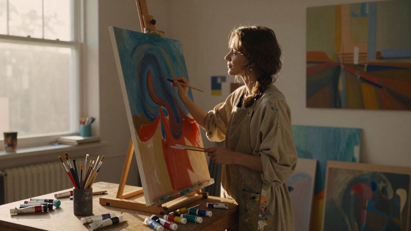 Mulher pintando tela com tintas coloridas em ateliê iluminado pela luz natural.