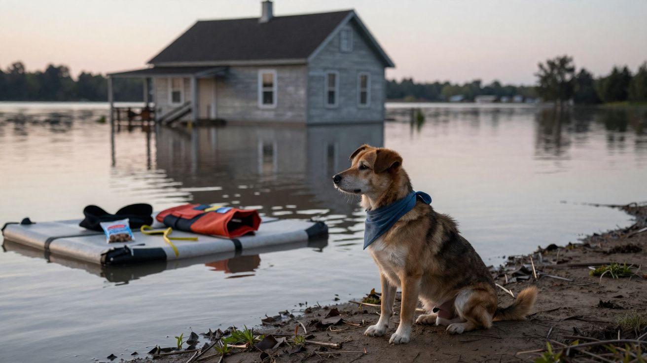Cachorro sentado na margem de rio com casa alagada e plataforma flutuante ao fundo ao entardecer.