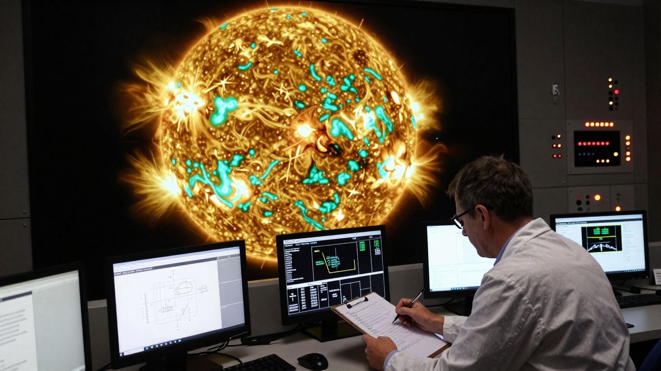 Cientista observa vários monitores com dados solares diante de uma tela gigante mostrando o sol com manchas azuis.