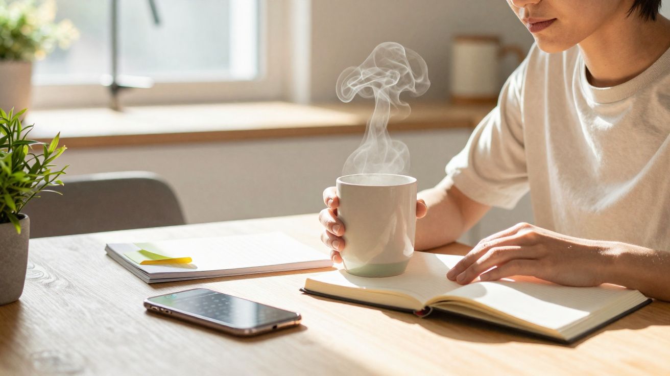 Pessoa lendo um livro e segurando uma caneca com bebida quente em mesa com smartphone e planta.