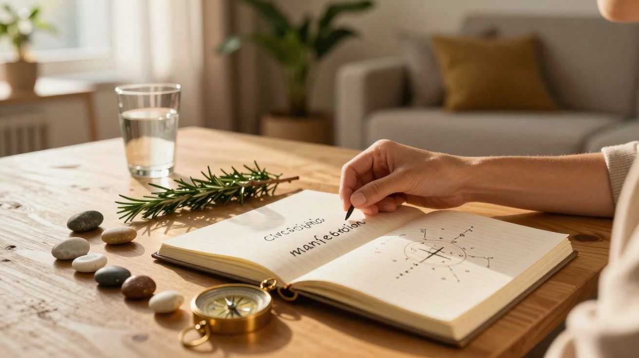 Pessoa escrevendo em caderno sobre manifestação, com bússola, pedras e galho de alecrim na mesa de madeira.