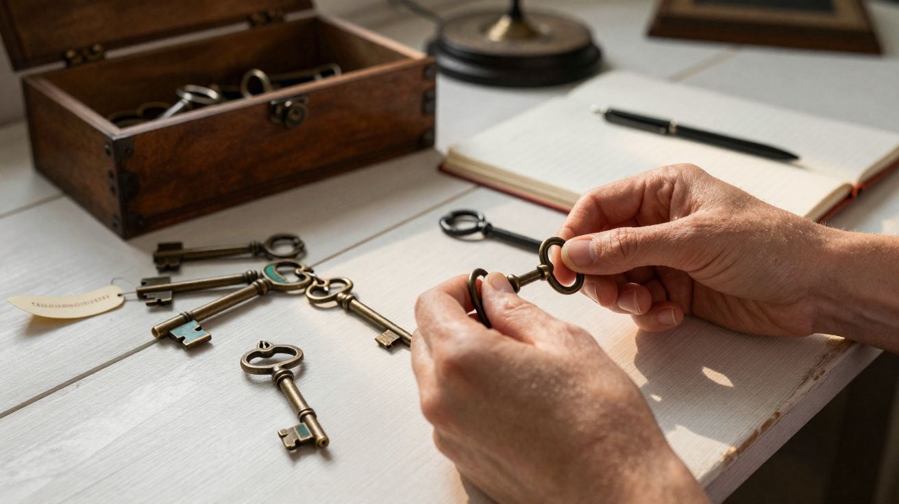 Mãos segurando chave antiga sobre mesa com várias chaves e caixa de madeira aberta ao fundo.