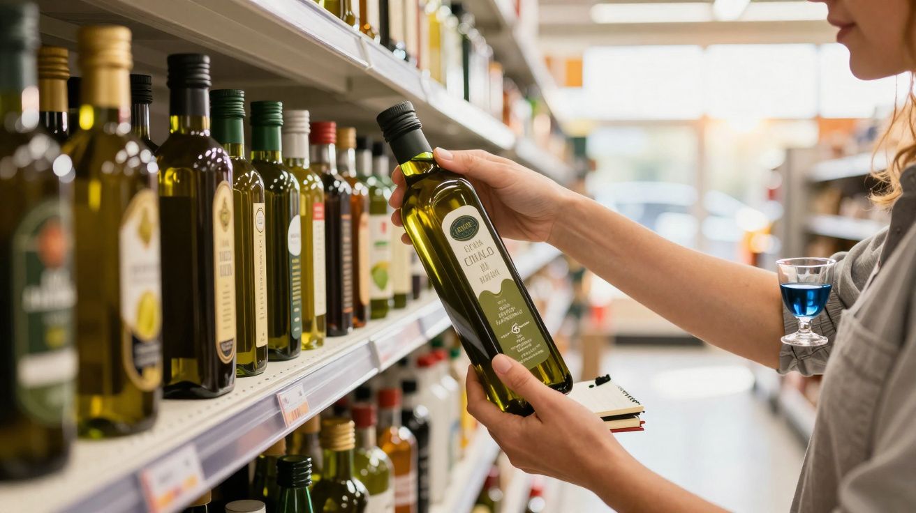 Pessoa segurando garrafa de azeite verde em supermercado, analisando rótulo entre prateleiras.