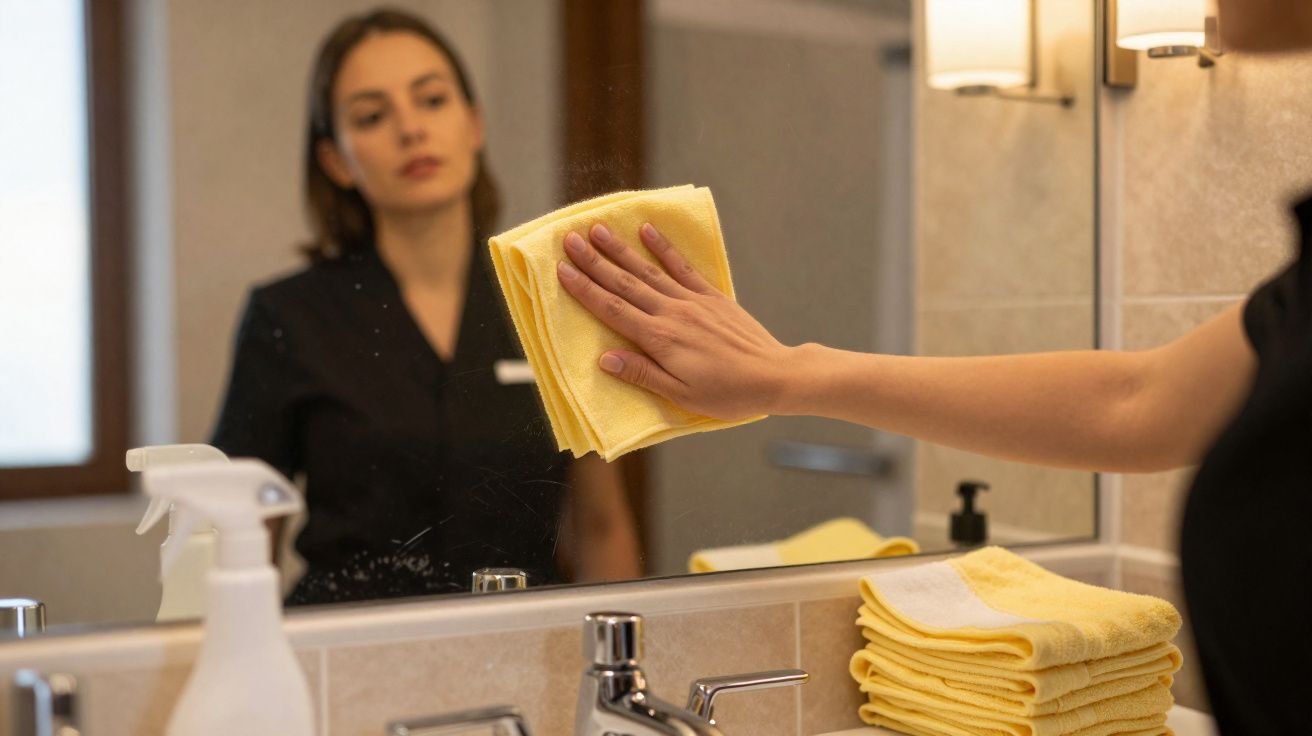 Pessoa limpando espelho de banheiro com pano amarelo ao lado de pia e toalhas dobradas.