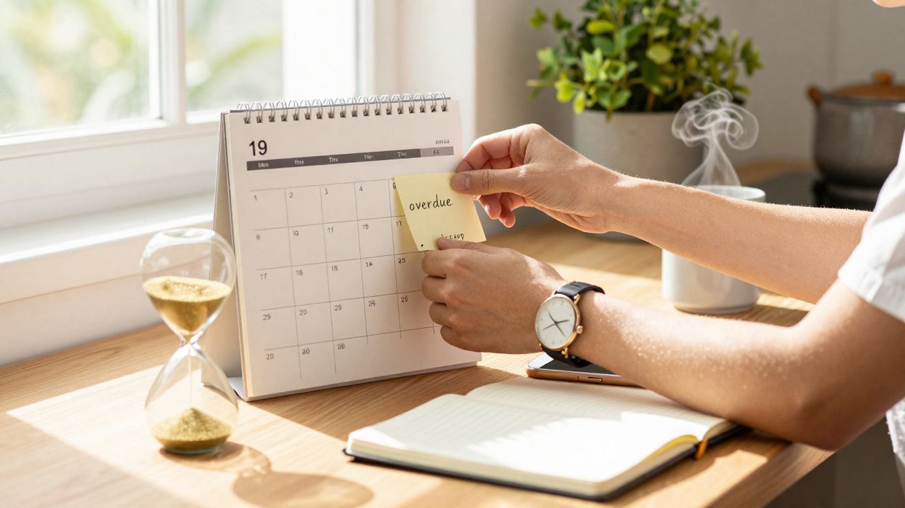 Pessoa colocando um lembrete "overdue" em calendário de mesa com ampulheta e caderno ao lado
