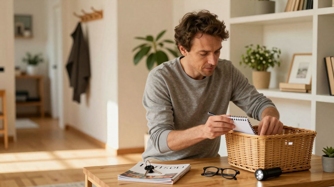Homem sentado à mesa escrevendo em caderno com cesta de vime em ambiente claro e organizado.