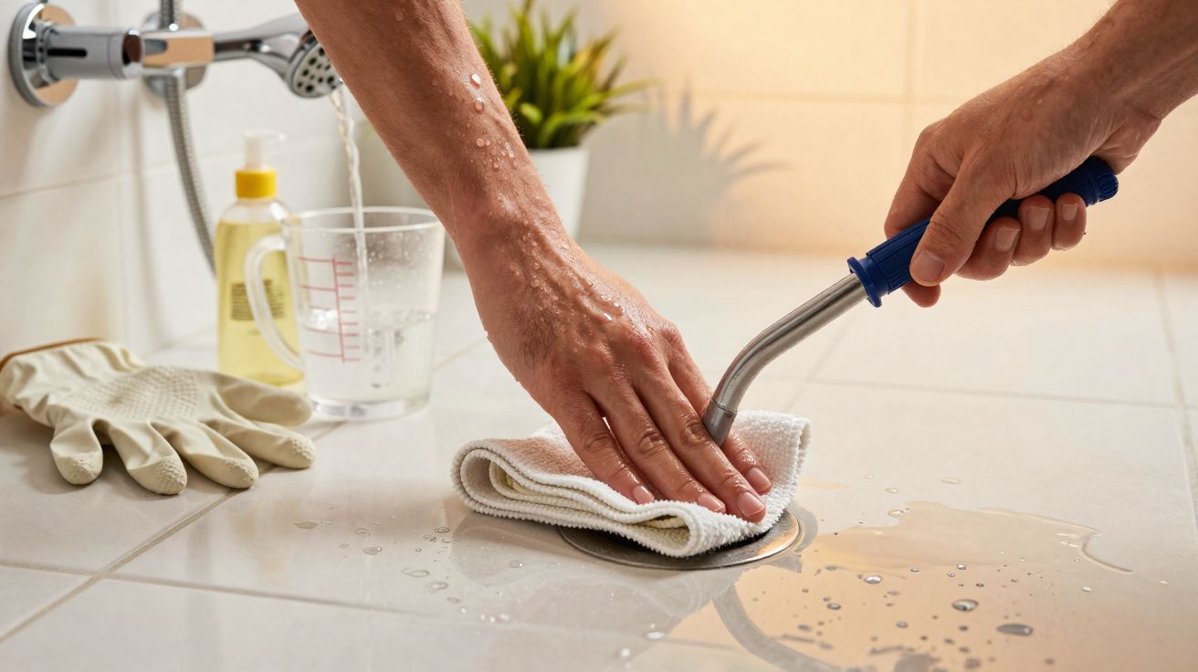 Mãos limpando com pano branco e esponja azul azulejo molhado em pia com torneira e luvas ao lado.