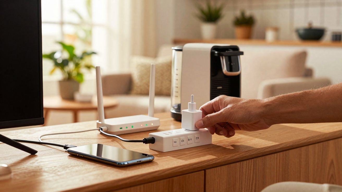 Pessoa conectando carregador em régua de energia ao lado de roteador, celular e cafeteira em sala.
