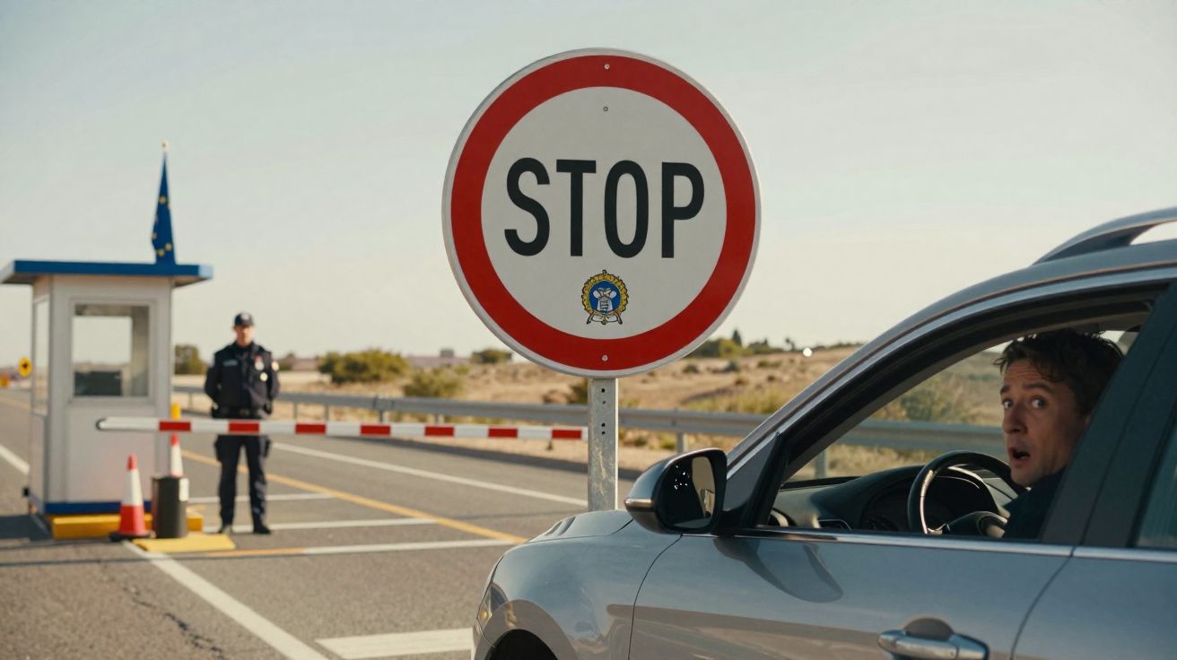 Placa de pare em posto policial com carro parado e policial ao fundo numa estrada em dia claro.