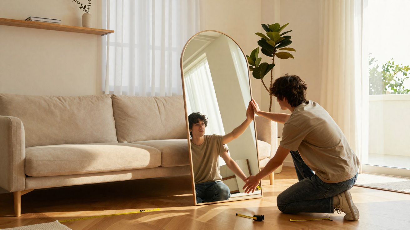 Pessoa ajusta espelho grande em sala clara com sofá bege, planta e fita métrica no chão de madeira.