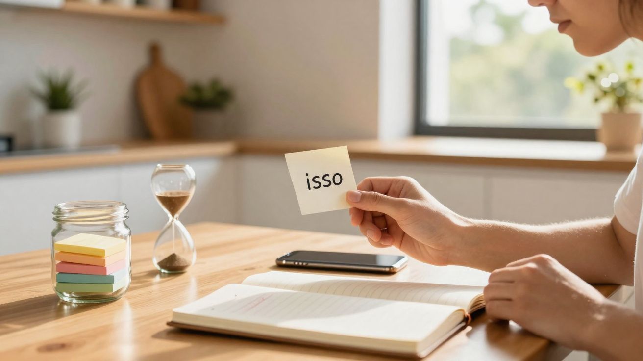 Pessoa segurando um cartão com a palavra "isso" ao lado de caderno, celular e ampulheta sobre mesa.