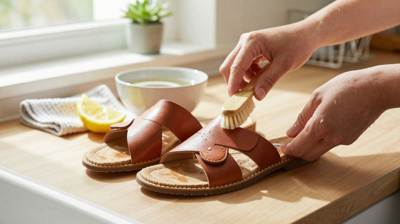 Mãos limpando sandálias de couro com escova, ao lado de tigela, limão e pano em bancada de madeira.