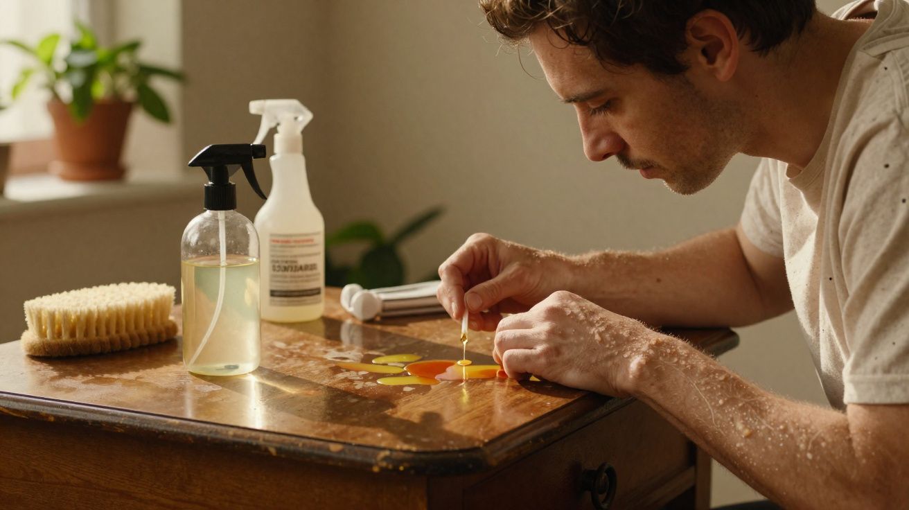 Homem restaurando pintura de móvel antigo com pincel e produtos de limpeza ao lado.