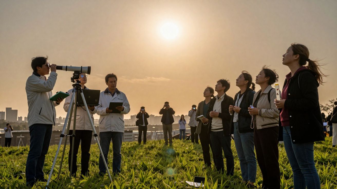 Grupo de pessoas observando o céu com telescópio e equipamentos em campo aberto ao pôr do sol.