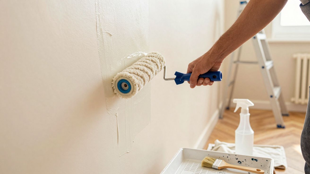 Pessoa pintando parede branca com rolo, com escada, pano e pincel no chão de madeira.