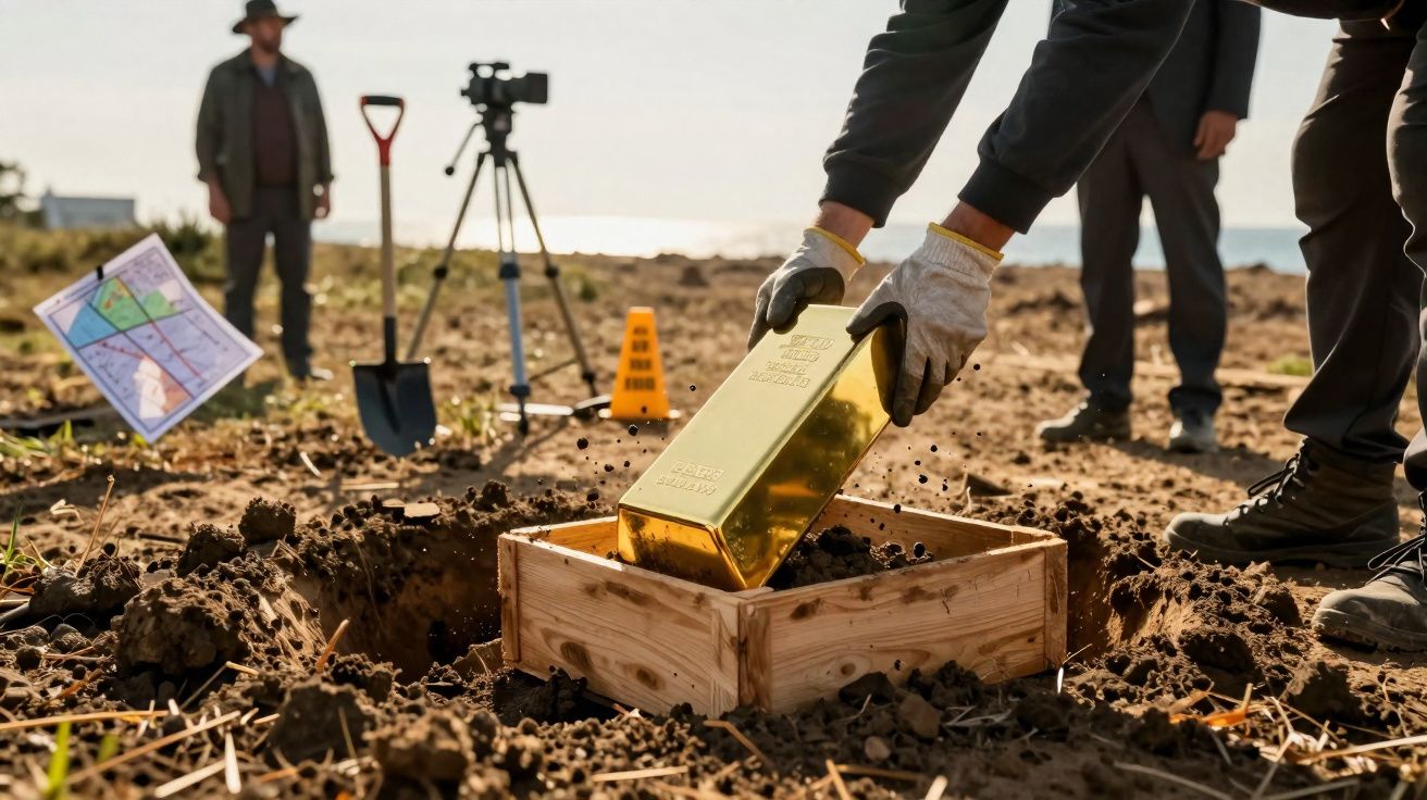 Pessoa colocando barra de ouro dentro de caixa de madeira em cena de investigação ao ar livre.
