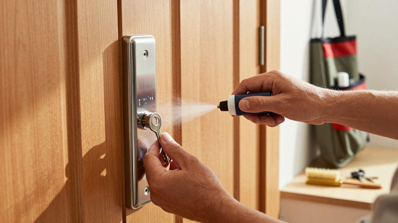 Pessoa limpando a maçaneta de uma porta de madeira com spray desinfetante.