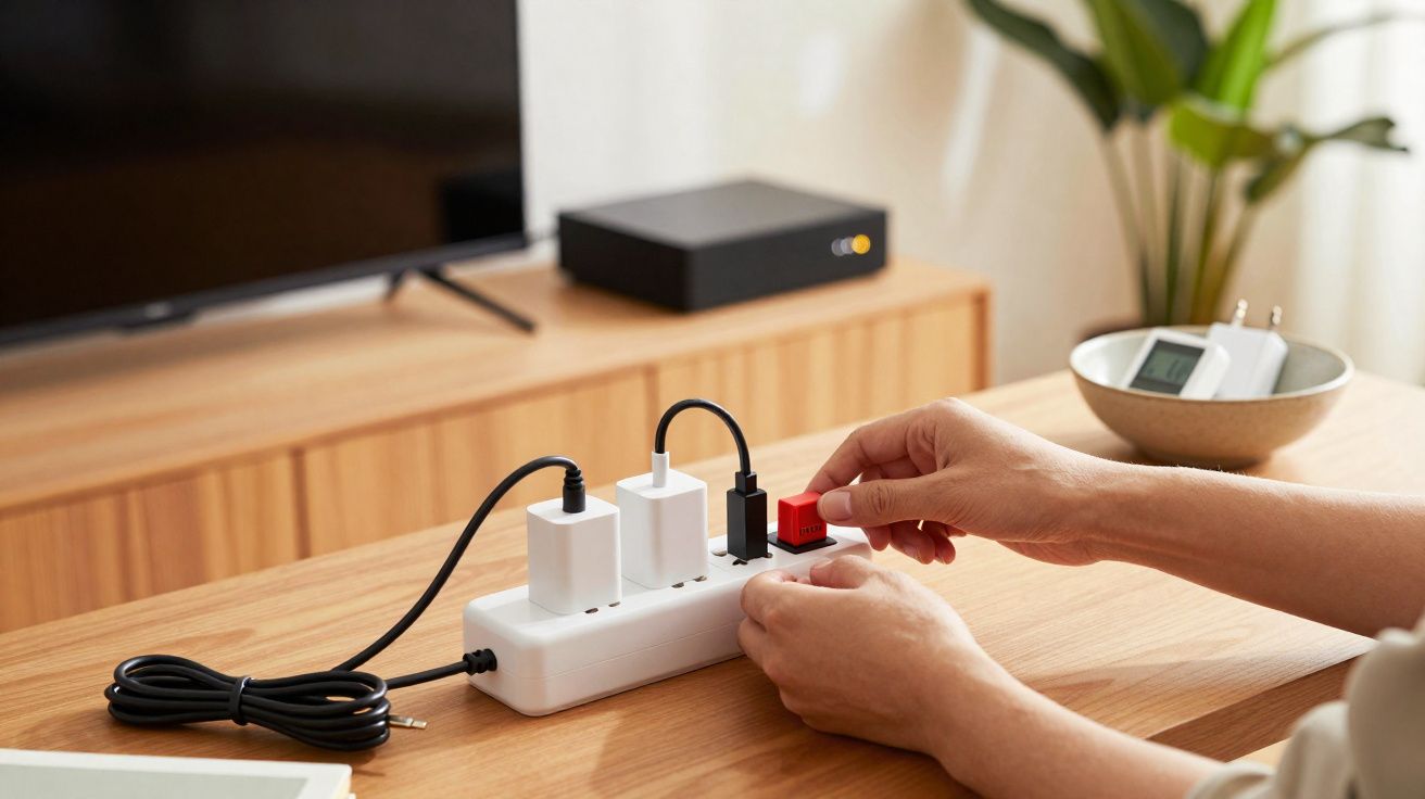 Mãos ligando uma régua de energia branca com vários dispositivos conectados em uma mesa de madeira.