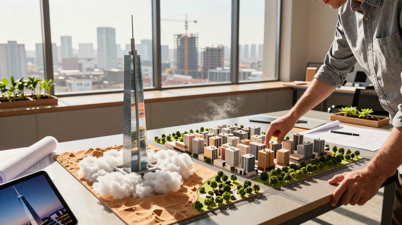 Pessoa manipulando maquete de cidade com arranha-céu alto e edifícios em mesa de escritório iluminada pela janela.