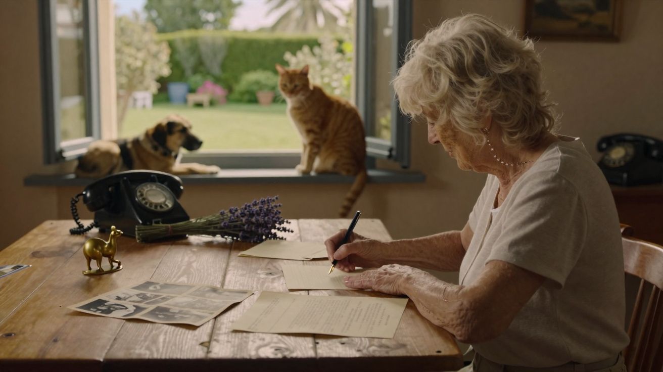 Idosa escrevendo à mesa com telefone antigo, fotos, flores e janela aberta com gato e cachorro no parapeito.
