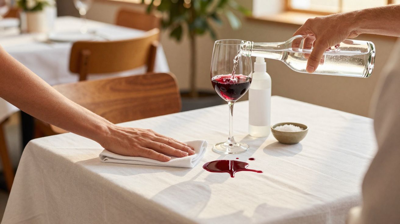 Pessoa limpando mancha de vinho tinto em toalha de mesa enquanto outra despeja água em taça.
