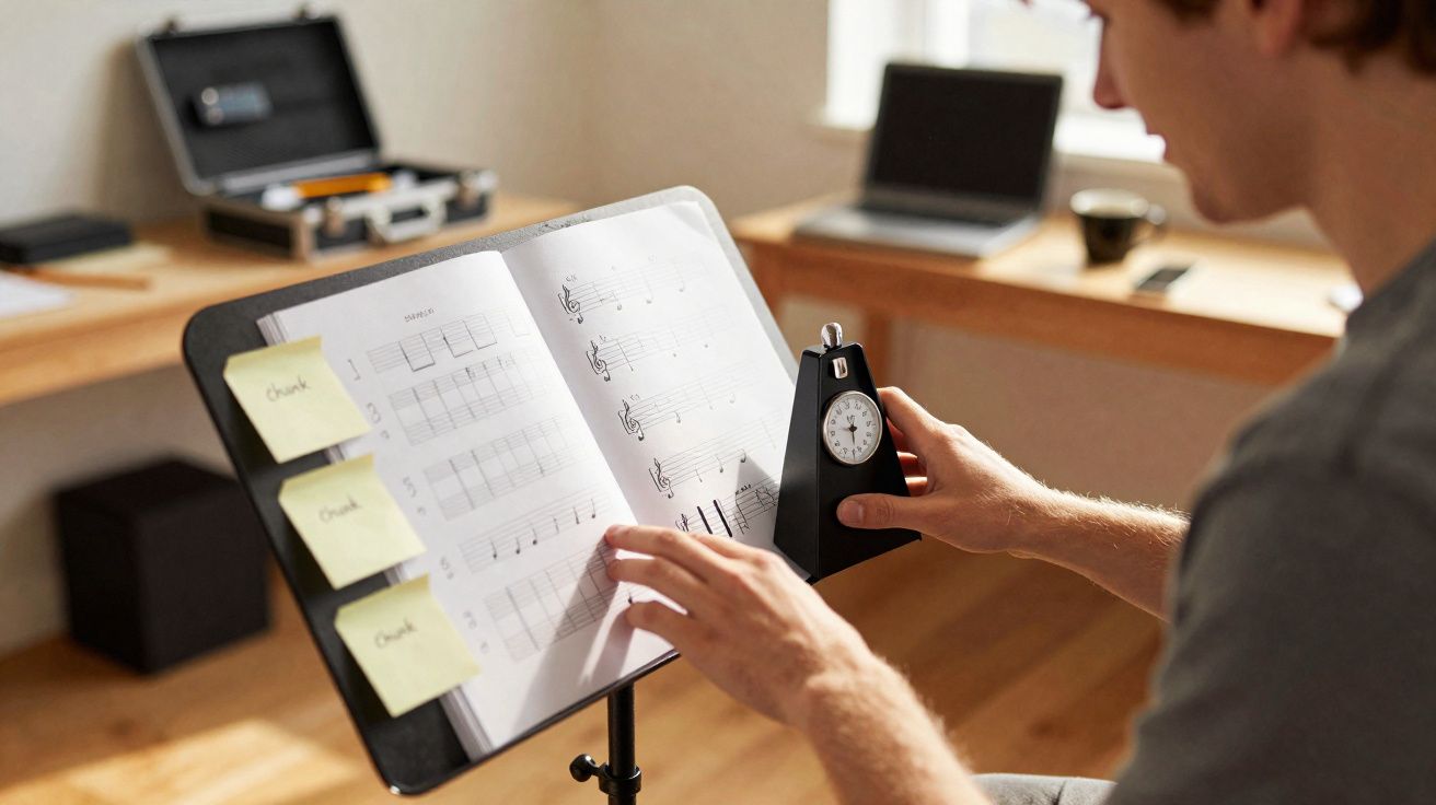 Pessoa ajustando metrônomo diante de partitura musical em suporte, em ambiente com mesa e laptop ao fundo.