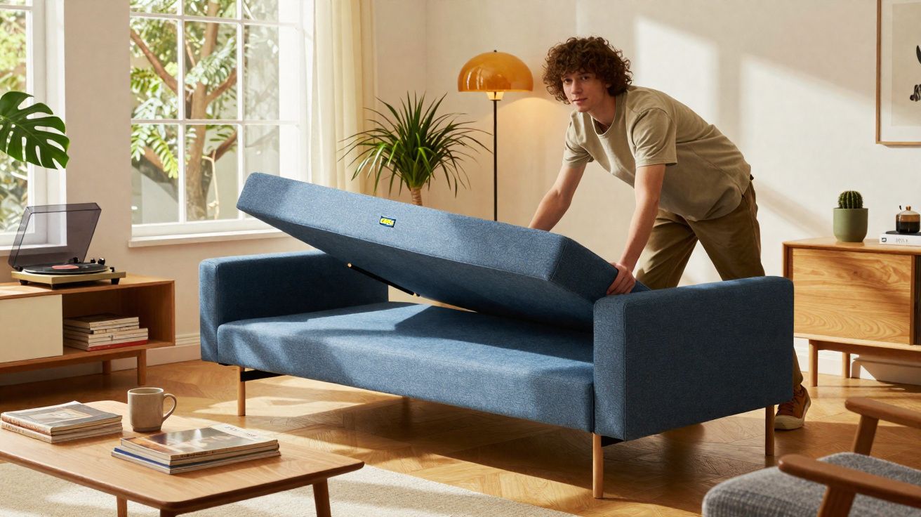 Jovem abrindo sofá-cama azul em sala iluminada com plantas e móveis de madeira clara.