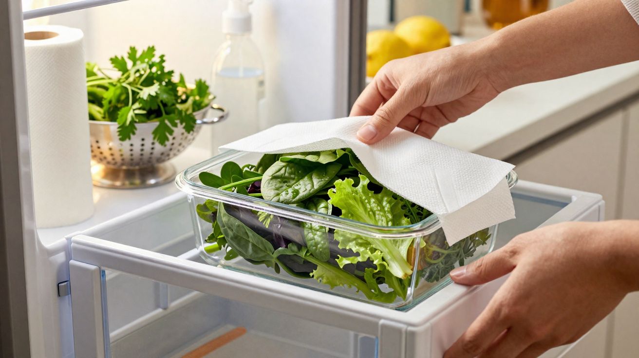 Mãos guardando vasilha de salada fresca coberta com papel toalha na geladeira da cozinha.