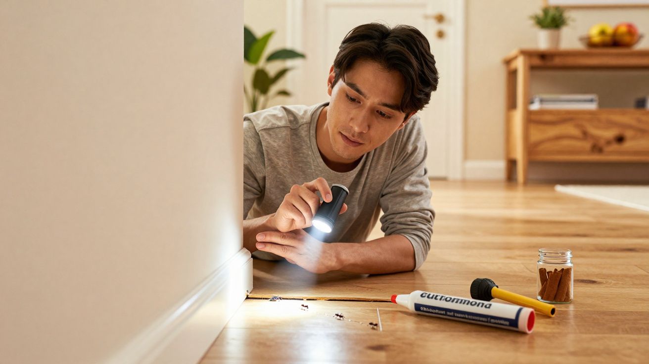 Homem usando lanterna para ver formigas no chão de casa, com cola e objetos ao lado.