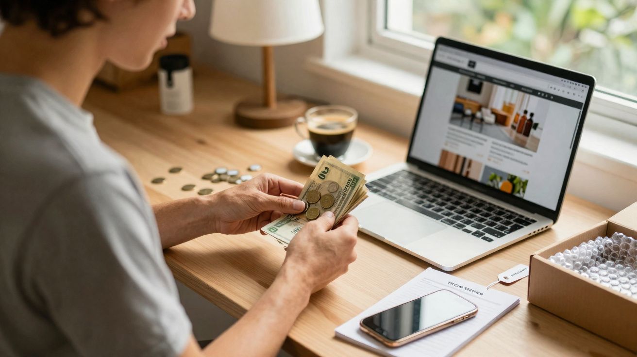 Pessoa contando dinheiro em frente a laptop com café, smartphone e moedas sobre mesa de madeira.