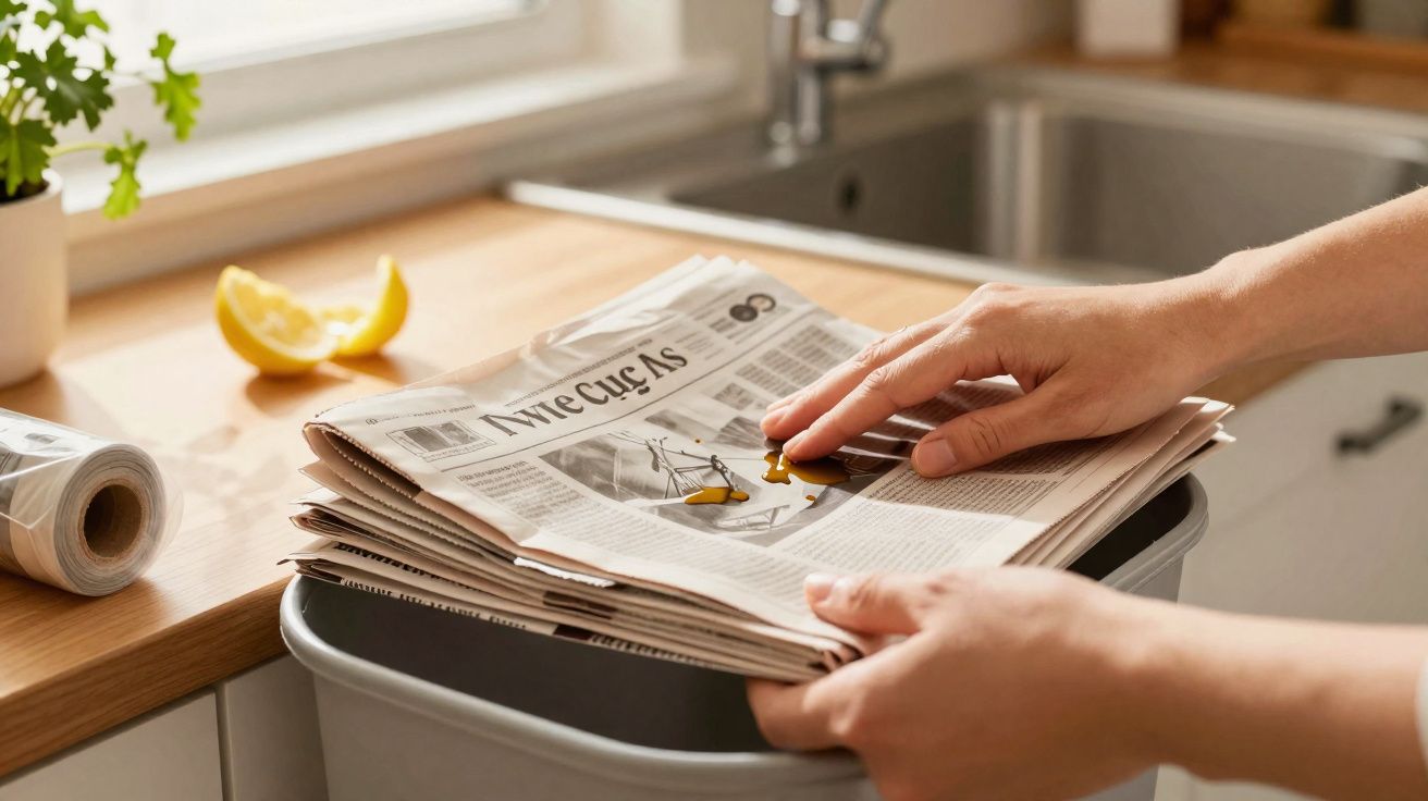 Mãos descartando jornais empilhados em uma lixeira próxima a pia de cozinha.