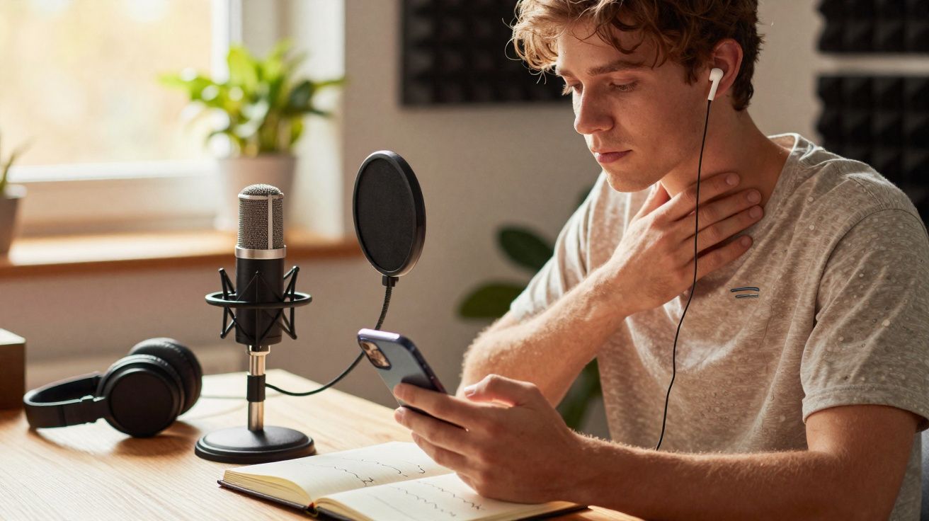 Jovem com fones de ouvido brancos usando celular e microfone para gravação em mesa com caderno aberto.