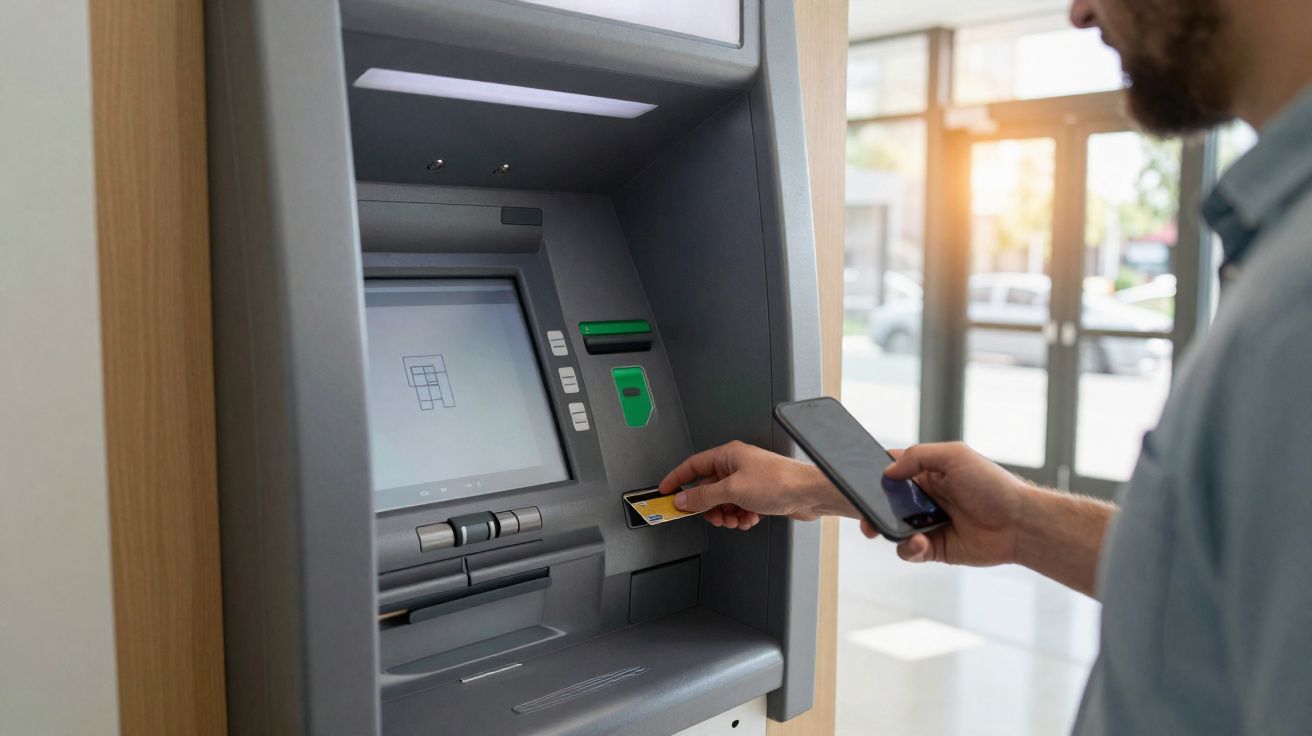 Homem usando caixa eletrônico, inserindo cartão com uma mão e segurando celular com a outra.